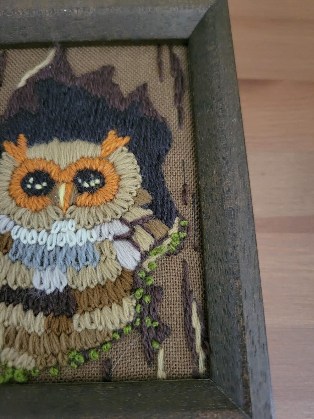 Handmade Owl Textile Wall Art - Brown & Orange Wood Frame - Picture 2 of 3